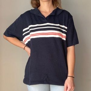 Navy Striped Collared Knit Short Sleeved Shirt